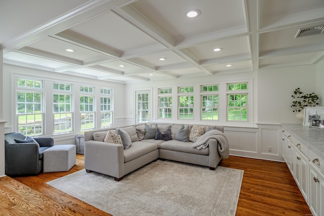 20 Copper Beech Ln, Ridgefield, CT 06877 - living area featuring coffered ceiling, dark wood finished floors, and beamed ceiling