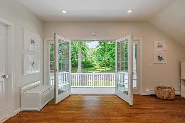20 Copper Beech Ln, Ridgefield, CT 06877 - doorway to outside featuring vaulted ceiling, a baseboard heating unit, wood finished floors, and french doors