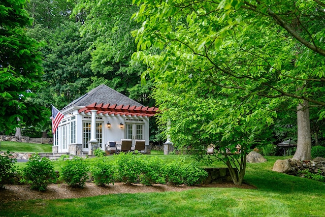 20 Copper Beech Ln, Ridgefield, CT 06877 - view of front of house featuring a pergola, a front lawn, and a shingled roof