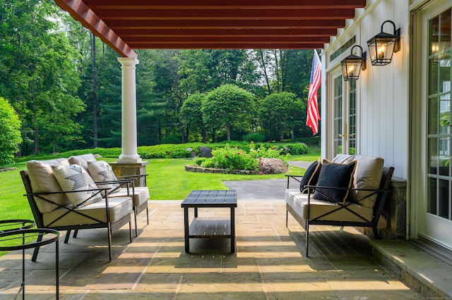 20 Copper Beech Ln, Ridgefield, CT 06877 - view of patio featuring an outdoor hangout area and view of scattered trees