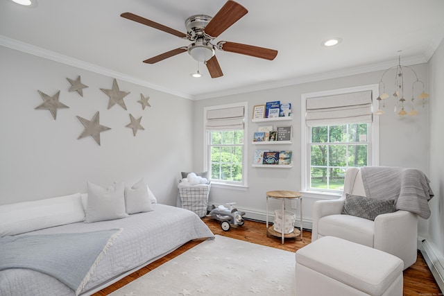 20 Copper Beech Ln, Ridgefield, CT 06877 - bedroom featuring baseboard heating, recessed lighting, wood finished floors, crown molding, and ceiling fan