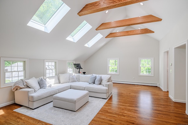 20 Copper Beech Ln, Ridgefield, CT 06877 - living room with a baseboard radiator, a skylight, beamed ceiling, wood finished floors, and high vaulted ceiling