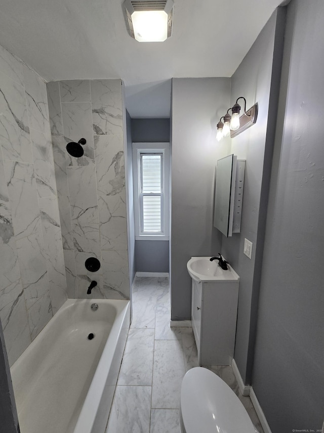 167 W St, New Haven, CT 06519 - bathroom featuring marble finish floors, vanity, toilet, baseboards, and shower / bath combination