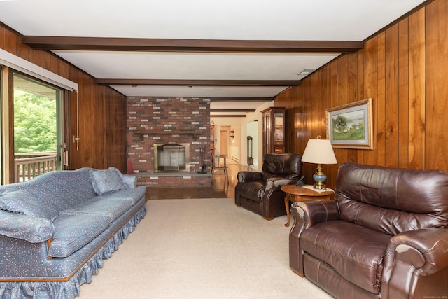 190 Allerton Farms Rd, Middlebury, CT 06762 - living area featuring wooden walls, carpet, beamed ceiling, and a fireplace