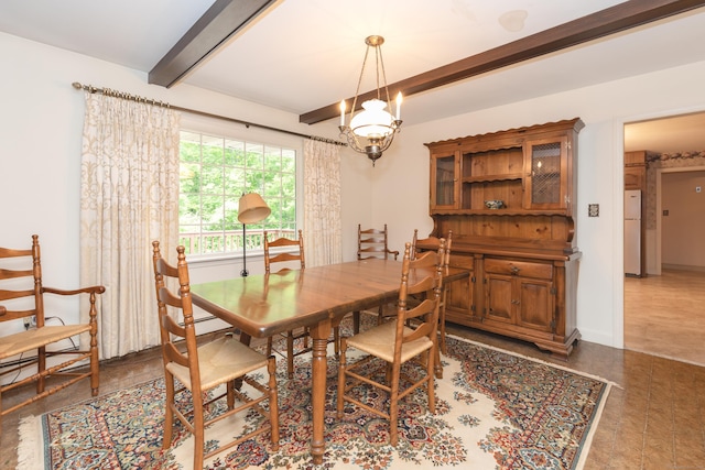 190 Allerton Farms Rd, Middlebury, CT 06762 - dining room with beamed ceiling, a chandelier, baseboards, and a baseboard heating unit