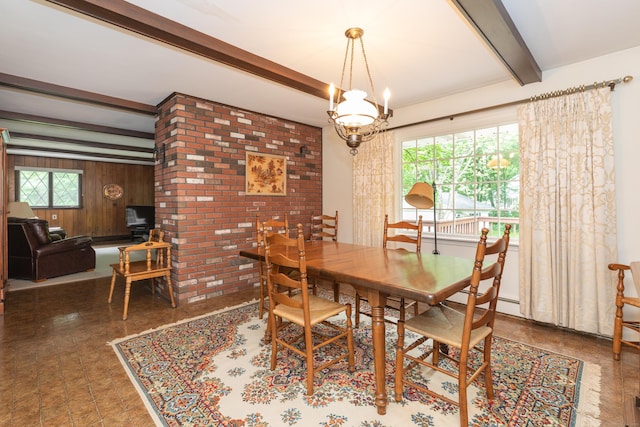 190 Allerton Farms Rd, Middlebury, CT 06762 - dining room featuring beamed ceiling, a chandelier, and wood walls