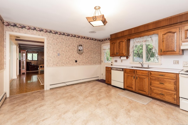 190 Allerton Farms Rd, Middlebury, CT 06762 - kitchen with white appliances, baseboard heating, a sink, light countertops, and wallpapered walls