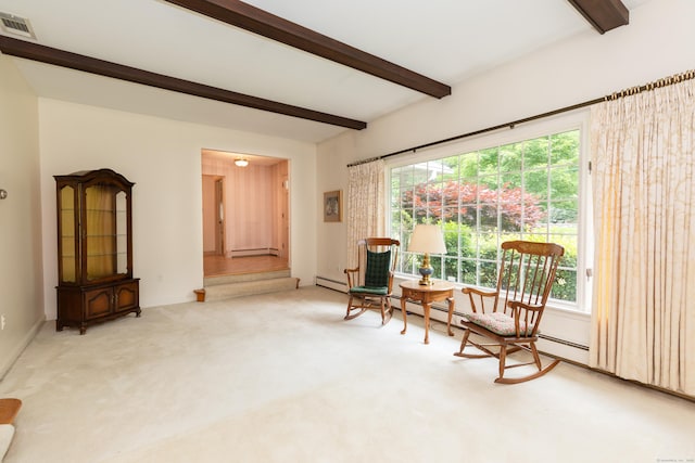 190 Allerton Farms Rd, Middlebury, CT 06762 - sitting room featuring beam ceiling, a baseboard radiator, and carpet