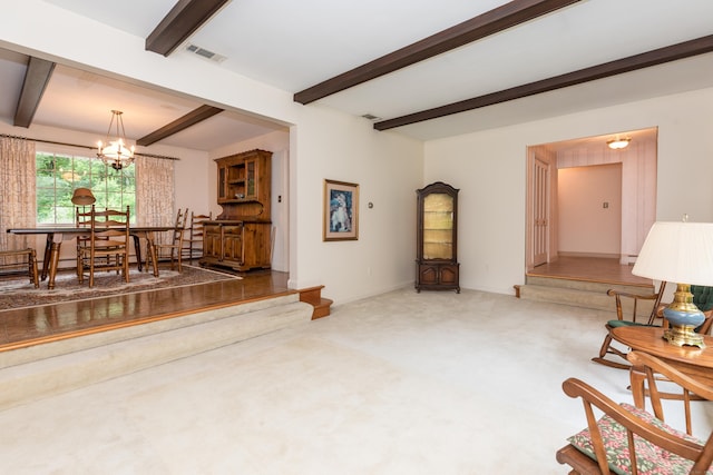 190 Allerton Farms Rd, Middlebury, CT 06762 - living room featuring beam ceiling, a chandelier, and carpet floors