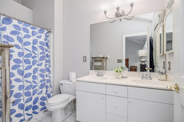 2006 Hancock Dr Unit 2006, Danbury, CT 06811 - bathroom featuring double vanity, tile patterned flooring, a chandelier, and curtained shower