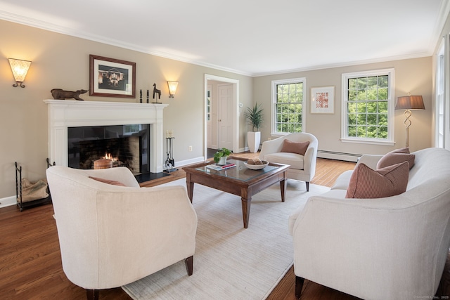 75 Bald Hill Rd, Wilton, CT 06897 - living area featuring baseboard heating, ornamental molding, wood finished floors, and a fireplace with flush hearth