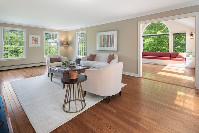 75 Bald Hill Rd, Wilton, CT 06897 - living room featuring a baseboard radiator, ornamental molding, and wood-type flooring