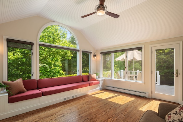 75 Bald Hill Rd, Wilton, CT 06897 - sunroom / solarium featuring a baseboard radiator, vaulted ceiling, wood finished floors, and a wooden deck