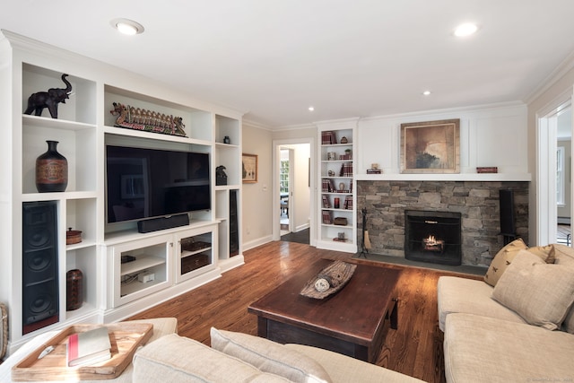 75 Bald Hill Rd, Wilton, CT 06897 - living area featuring a fireplace, crown molding, wood finished floors, built in features, and recessed lighting