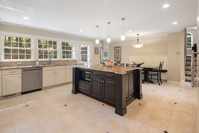 75 Bald Hill Rd, Wilton, CT 06897 - kitchen featuring appliances with stainless steel finishes, crown molding, dark cabinetry, light stone counters, and white cabinets
