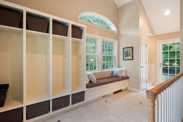 75 Bald Hill Rd, Wilton, CT 06897 - mudroom featuring light tile patterned floors, high vaulted ceiling, and recessed lighting
