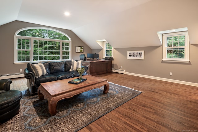 75 Bald Hill Rd, Wilton, CT 06897 - living room featuring a baseboard heating unit, wood finished floors, vaulted ceiling, and an office area