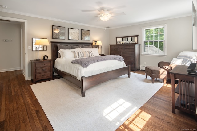 75 Bald Hill Rd, Wilton, CT 06897 - bedroom with dark wood-style flooring, ornamental molding, ceiling fan, and a baseboard radiator