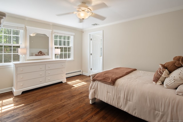 75 Bald Hill Rd, Wilton, CT 06897 - bedroom with a baseboard heating unit, crown molding, dark wood-style flooring, and a ceiling fan