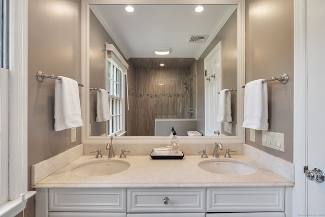 75 Bald Hill Rd, Wilton, CT 06897 - full bath with tiled shower, double vanity, crown molding, and recessed lighting
