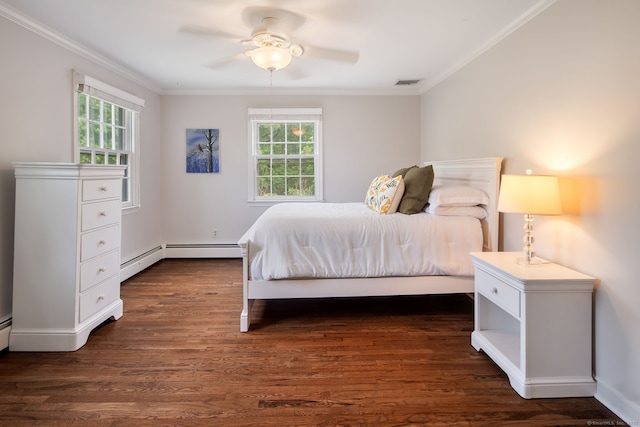 75 Bald Hill Rd, Wilton, CT 06897 - bedroom featuring ornamental molding, multiple windows, dark wood-type flooring, a ceiling fan, and a baseboard radiator