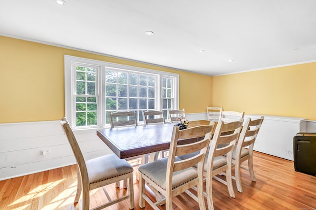 120 Huntington St, Shelton, CT 06484 - dining room featuring ornamental molding, light wood finished floors, wainscoting, and recessed lighting