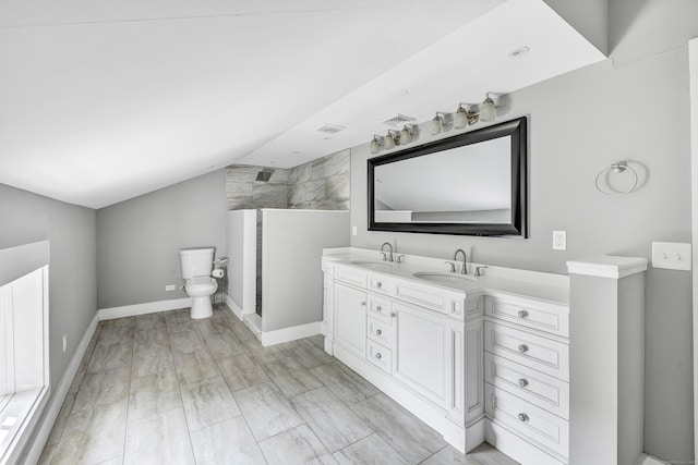 120 Huntington St, Shelton, CT 06484 - bathroom with double vanity, toilet, a shower, vaulted ceiling, and baseboards
