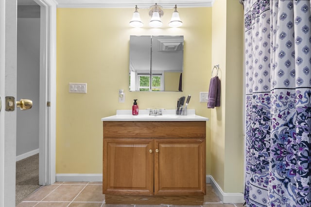 188 W Main St, East Lyme, CT 06357 - bathroom featuring vanity, tile patterned flooring, curtained shower, and ornamental molding