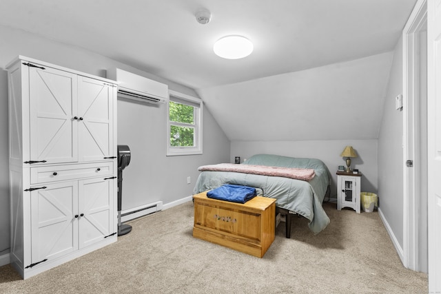 188 W Main St, East Lyme, CT 06357 - carpeted bedroom with baseboard heating, a wall mounted AC, and vaulted ceiling