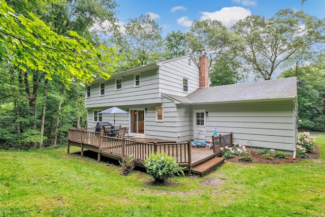 6 Buckboard Ln, Fairfield, CT 06824 - rear view of property with a yard, a deck, and a chimney