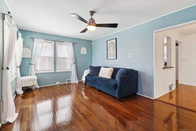 98 Herald Ave, Bridgeport, CT 06606 - living area with a ceiling fan, wood finished floors, baseboards, and crown molding