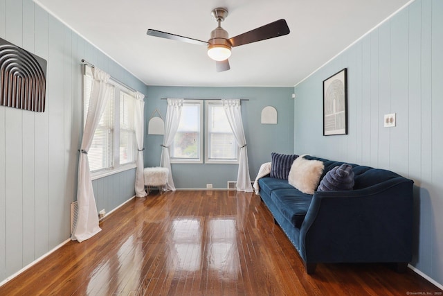 98 Herald Ave, Bridgeport, CT 06606 - living area with hardwood / wood-style floors, a ceiling fan, baseboards, and ornamental molding