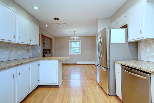 15 Edgemere Rd, Hamden, CT 06517 - kitchen featuring stainless steel dishwasher, baseboard heating, white cabinetry, light wood finished floors, and recessed lighting