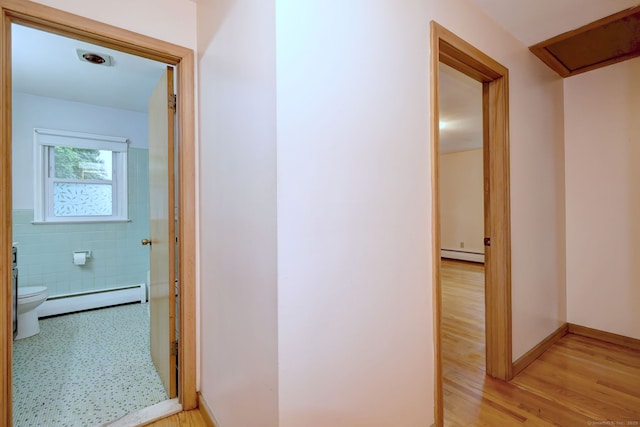15 Edgemere Rd, Hamden, CT 06517 - hall with baseboard heating, light wood-style floors, and attic access