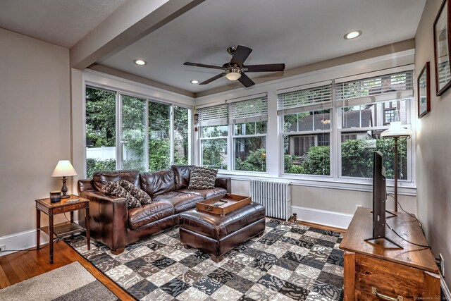 17 Norris St, Hamden, CT 06517 - living area featuring ceiling fan, wood finished floors, recessed lighting, and radiator heating unit