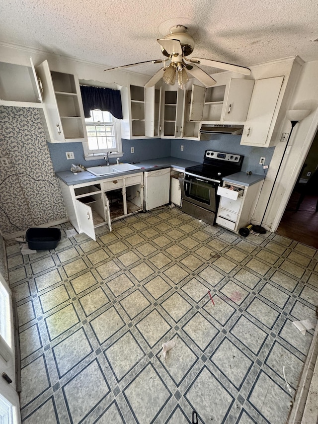 38 Makara St, Plymouth, CT 06786 - kitchen with open shelves, stainless steel electric range oven, under cabinet range hood, a sink, and a textured ceiling