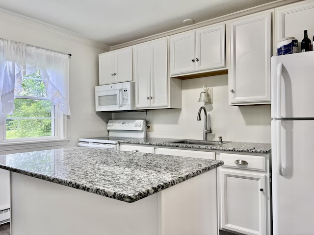 4 Belair Dr Unit 4, New Milford, CT 06776 - kitchen with white appliances, a sink, a center island, stone counters, and ornamental molding