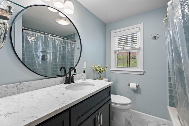 96 Long Hill Ter, New Haven, CT 06515 - bathroom featuring vanity, toilet, baseboards, and marble look tile flooring