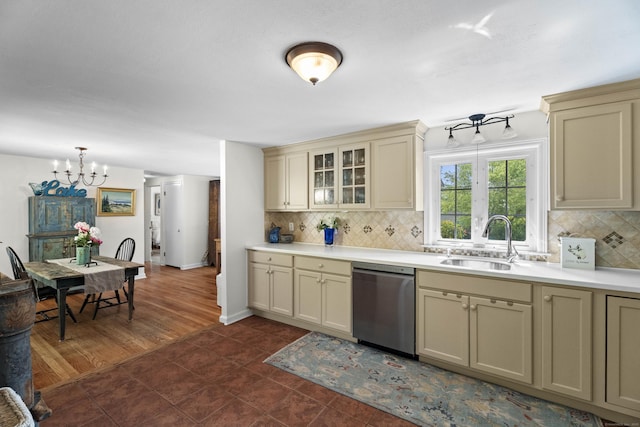 96 Long Hill Ter, New Haven, CT 06515 - kitchen featuring dishwasher, cream cabinets, a sink, a chandelier, and tasteful backsplash