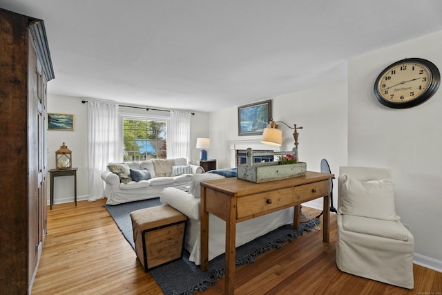 96 Long Hill Ter, New Haven, CT 06515 - living area with a fireplace, light wood-style floors, and baseboards
