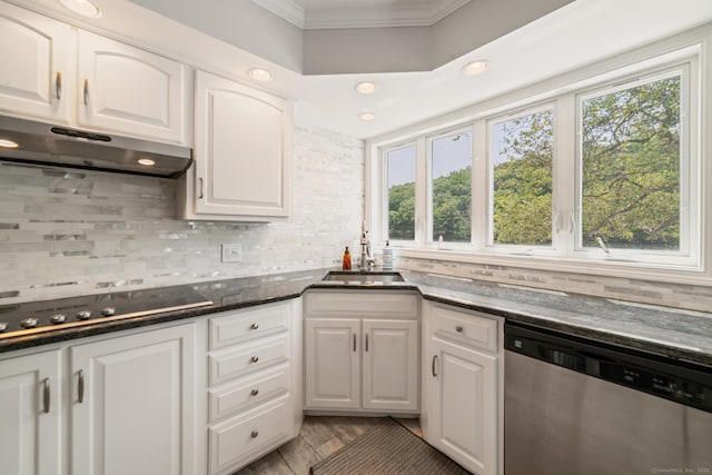 137 Roosevelt Dr, Seymour, CT 06483 - kitchen with stainless steel dishwasher, under cabinet range hood, black electric stovetop, a sink, and ornamental molding