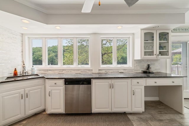 137 Roosevelt Dr, Seymour, CT 06483 - kitchen featuring stainless steel dishwasher, a sink, decorative backsplash, white cabinetry, and glass insert cabinets