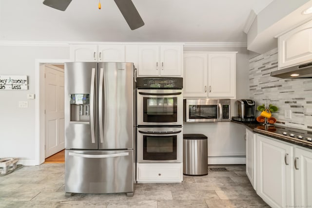 137 Roosevelt Dr, Seymour, CT 06483 - kitchen with stainless steel appliances, ornamental molding, tasteful backsplash, white cabinetry, and dark countertops