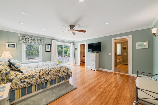 137 Roosevelt Dr, Seymour, CT 06483 - bedroom featuring crown molding, light wood finished floors, a baseboard heating unit, recessed lighting, and access to exterior