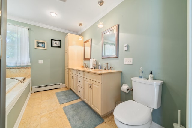 137 Roosevelt Dr, Seymour, CT 06483 - full bath with a baseboard radiator, double vanity, toilet, ornamental molding, and a garden tub