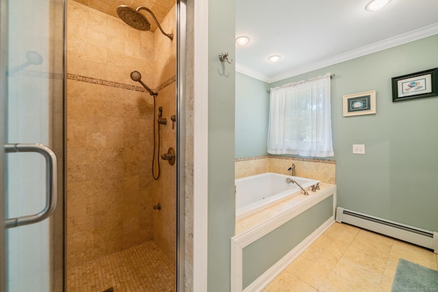 137 Roosevelt Dr, Seymour, CT 06483 - full bathroom featuring a stall shower, a bath, crown molding, baseboard heating, and tile patterned flooring