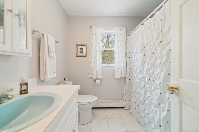 137 Roosevelt Dr, Seymour, CT 06483 - bathroom featuring a baseboard radiator, vanity, toilet, tile patterned flooring, and curtained shower