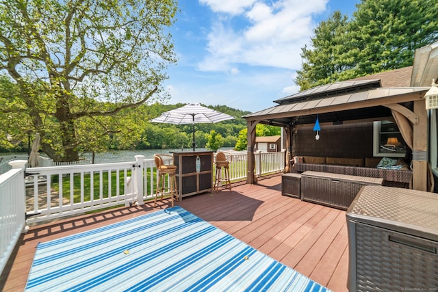 137 Roosevelt Dr, Seymour, CT 06483 - wooden terrace with outdoor lounge area, a gazebo, and a water view
