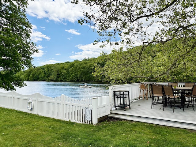 137 Roosevelt Dr, Seymour, CT 06483 - deck with a wooded view, a water view, and outdoor dining area