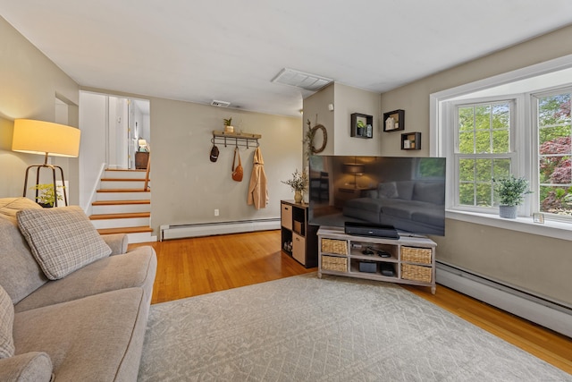 277 Tryon St, Middletown, CT 06457 - living room featuring a baseboard heating unit, wood finished floors, a baseboard radiator, and stairway